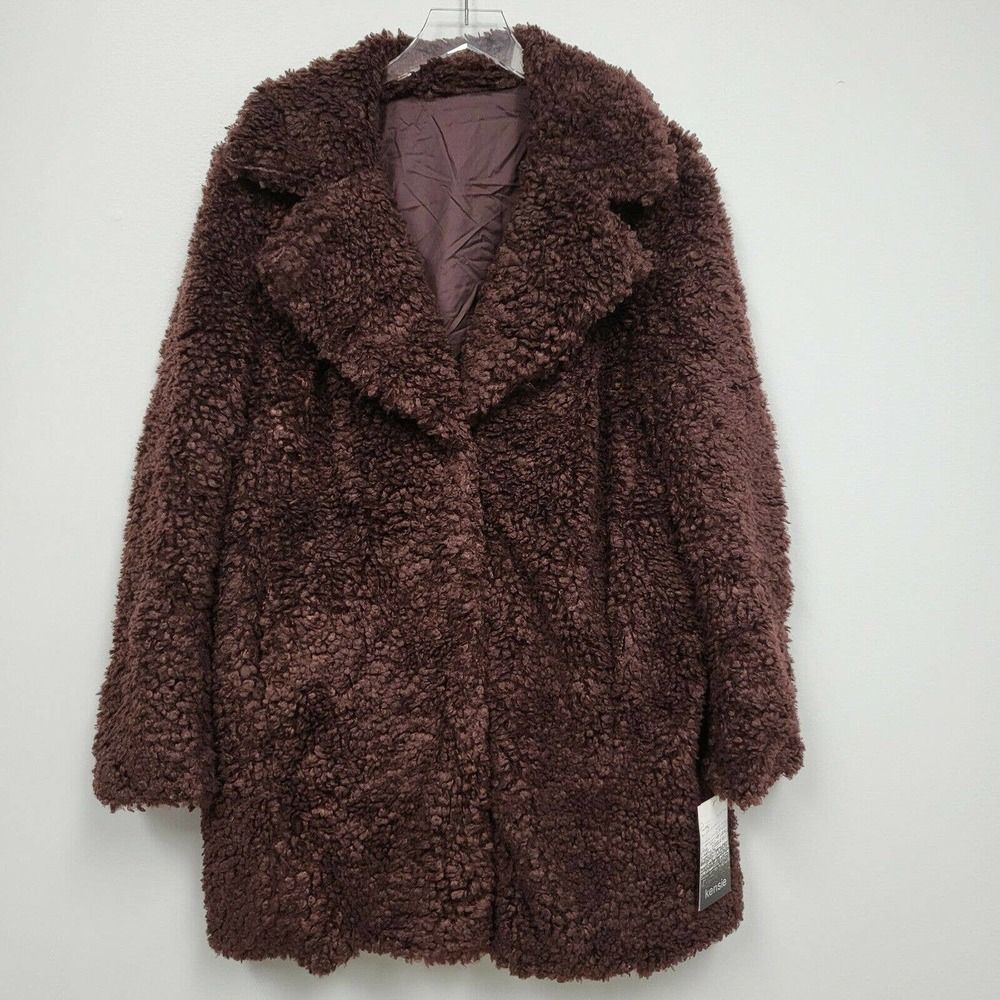 NWT Kensie Faux Shearling Notch Collar Reversible brown Teddy Coat Size XL